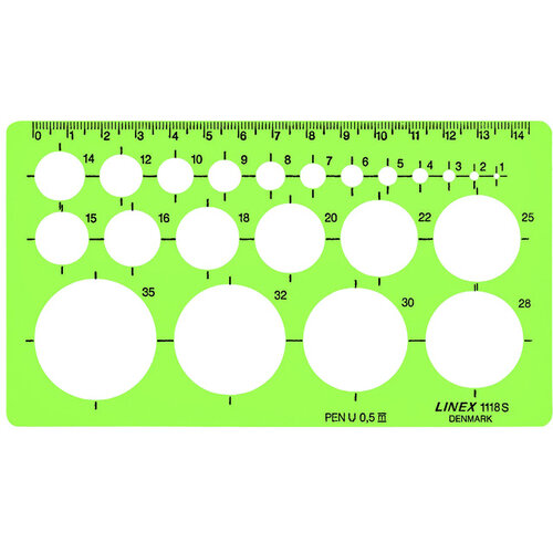 Linex Cirkelsjabloon Linex 22 cirkels met inktvoetjes 1-35mm groen