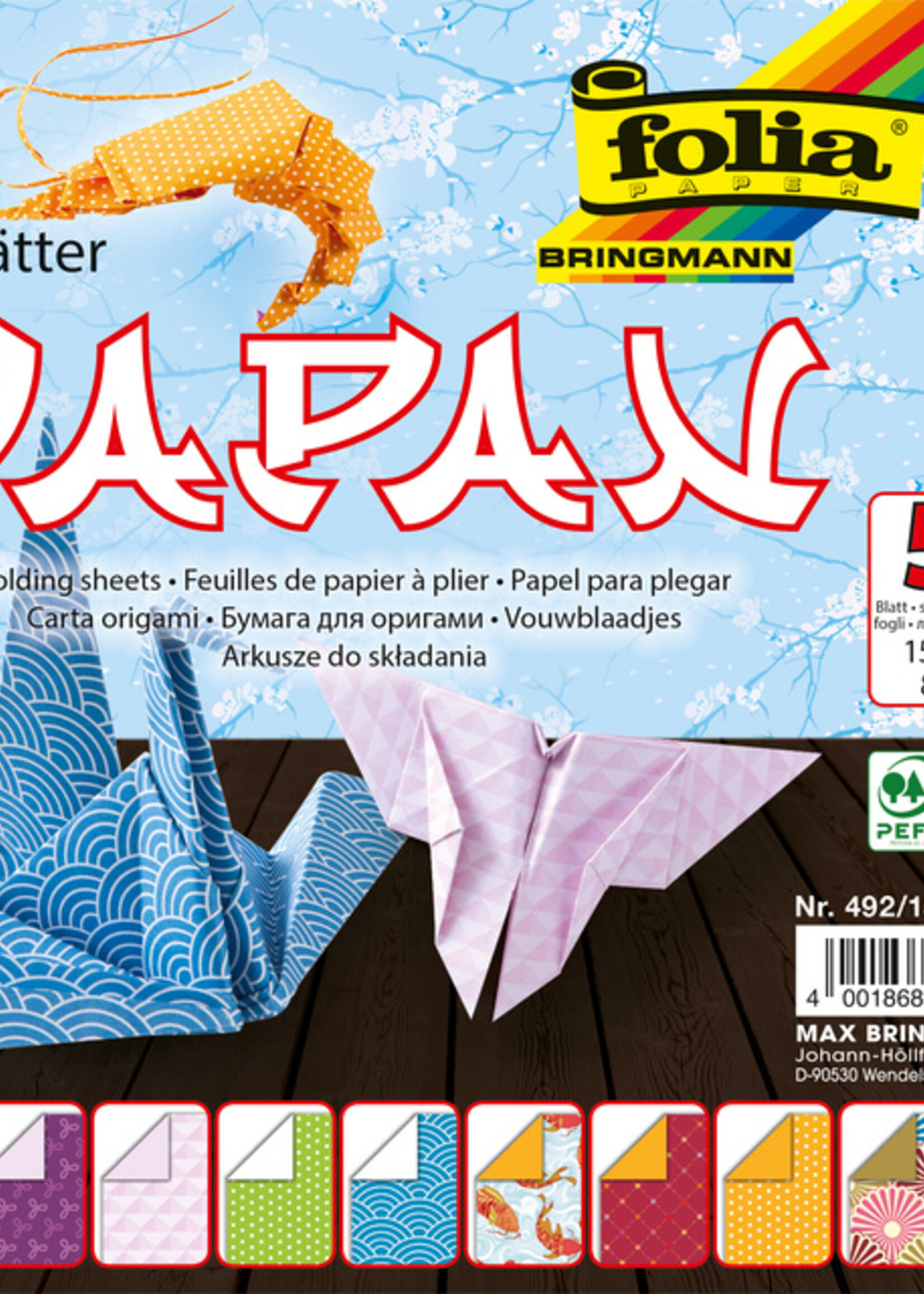 Folia Paper Vouwblaadjes Folia 80gr 15x15cm 50 vel 2-zijdig Japan 10 designs assorti kleuren