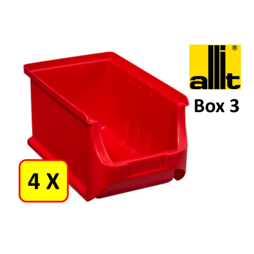 Allit 4 x Bac de rangement - bac de récupération - bac empilable Allit - ProfiPlus Box 3 - 2,4 L - PP - rouge