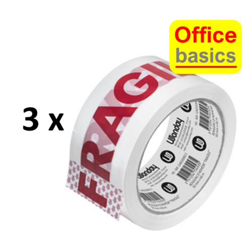 Office Basics 3 x Tape "FRAGILE" - 50 mm x 66 m - rood/wit