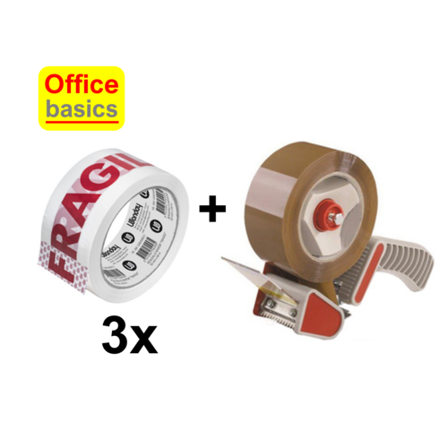 Office Basics 3 rollen 'Fragile' Office Basics plakband 50mm x 60m & afroller