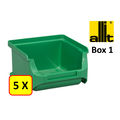 Allit 5 x Bac de rangement - bac de reÌcupeÌration - bac empilable Allit - ProfiPlus Box 1 - 0,3 L - PP - vert