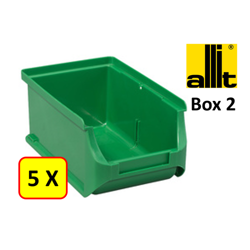 Allit 5 x Bac de rangement - bac de reÌcupeÌration - bac empilable Allit - ProfiPlus Box 2 - 0,6 L - PP - vert