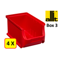 Allit 4 x Bac de rangement - bac de reÌcupeÌration - bac empilable Allit - ProfiPlus Box 3 - 2,4 L - PP - rouge