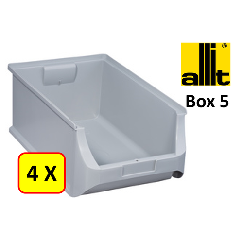 Allit 4 x Bac de rangement - bac de reÌcupeÌration - bac empilable Allit - ProfiPlus Box 5 - 17,5 L - PP - gris