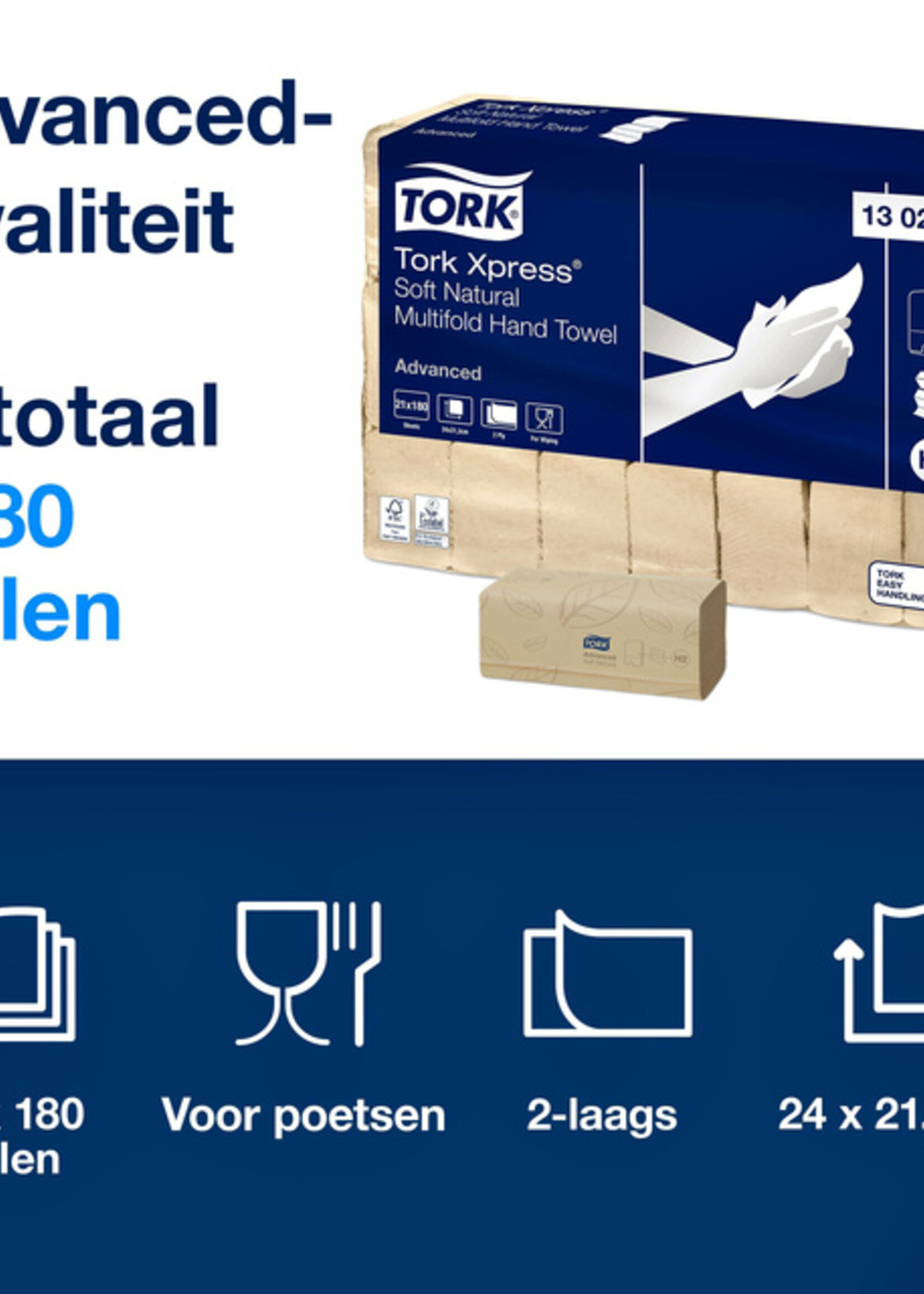 Tork Handdoek Tork Xpress Soft Multifold Advanced H2 213x240mm 180 vel Natural 130299