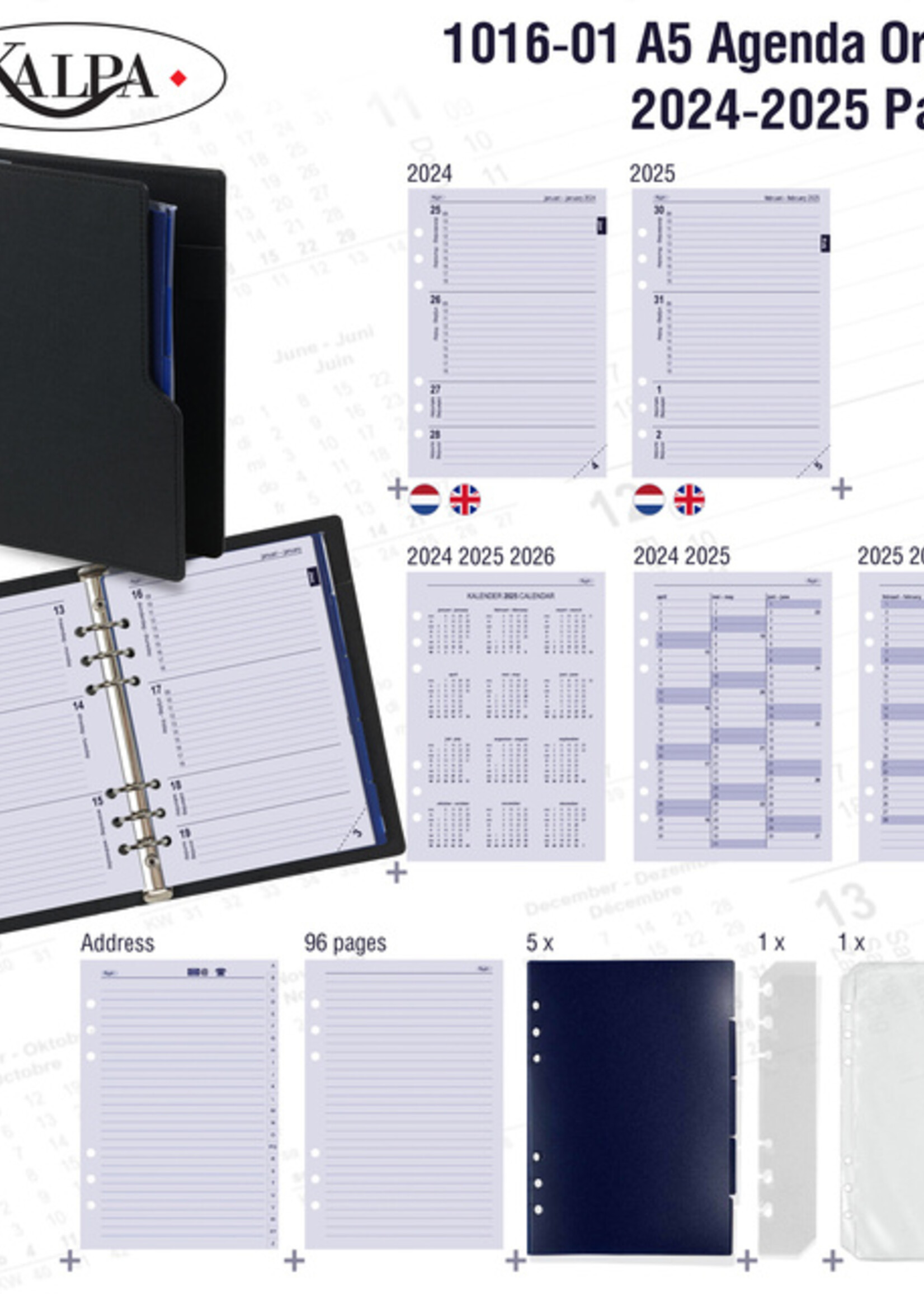 Kalpa Organiseur Kalpa Clipbook A4 inclusif agenda 2025-2026 7 jours/2 pages nervuré noir