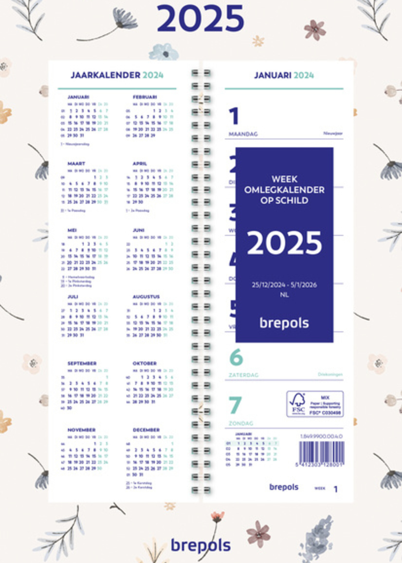 Brepols Weekkalender 2026 Brepols 190x130 7dagen/1pagina spiraal Fantasie assorti