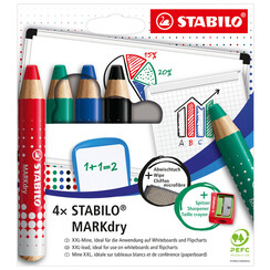 Crayon tableau blanc STABILO MARKdry 648/4 + taille-crayon et microfibre assorti étui 4 pièces