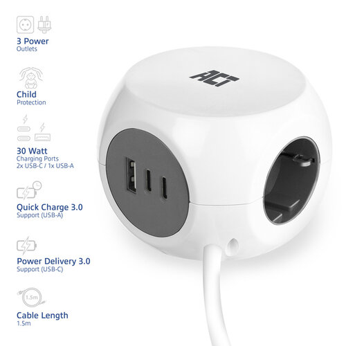 ACT Cube multiprise ACT 3 prises inclus 2x USB C/A 1,5m blanc/gris