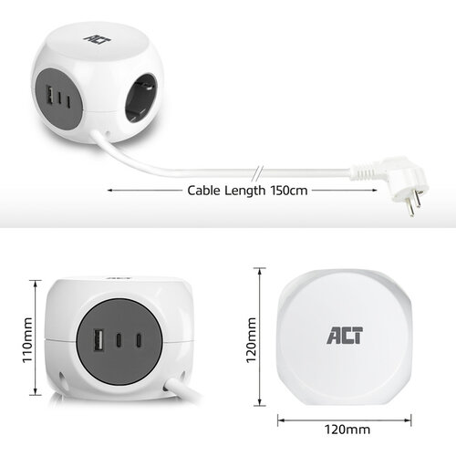 ACT Cube multiprise ACT 3 prises inclus 2x USB C/A 1,5m blanc/gris