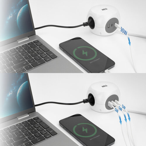 ACT Stekkerblok ACT 3 voudig  inclusief 2x USB C/A 1.5 meter wit/grijs