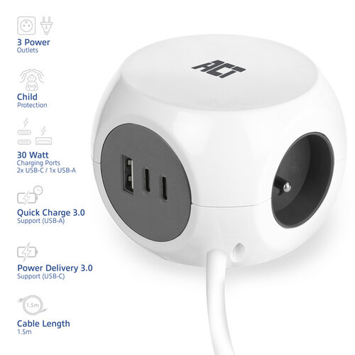 ACT Cube multiprise ACT 3 prises inclus 2x USB C/A 1,5m blanc/gris FR/BE