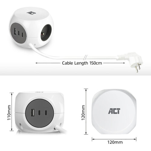 ACT Cube multiprise ACT 3 prises inclus 2x USB C/A 1,5m blanc/gris FR/BE