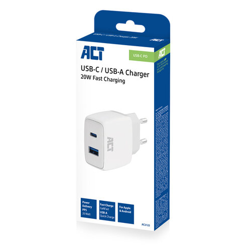 ACT Chargeur ACT 20W 2 ports USB-A +USB-C blanc