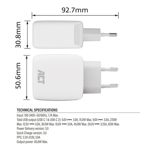 ACT Oplader ACT 65w 2-poorts usb c wit