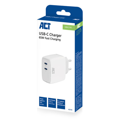 ACT Chargeur ACT 65W 2 ports USB-C blanc