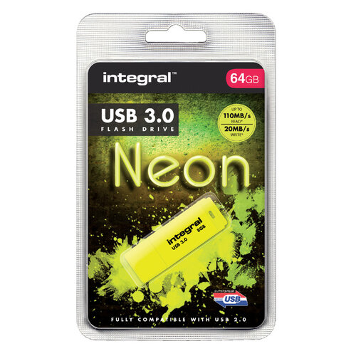 Integral Clé USB 3.0 Integral 64Go néon jaune