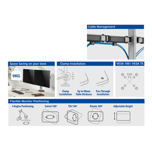 ACT Monitorarm ACT office 2 schermen zilver