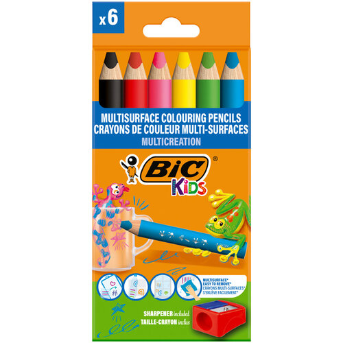 Bickids Kleurpotloden BicKids Multi Surface inclusief puntenslijper assorti pak à 6 stuks