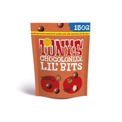 Tony's Chocolonely Chocolade Tony's Chocolonely Lil' Bits melk karamel zeezout & cookie 150 gram