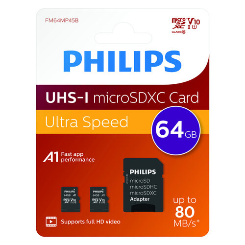 Philips Carte mémoire Philips Micro SDXC Classe 10 UHS-I U1 64Go 2 pièces