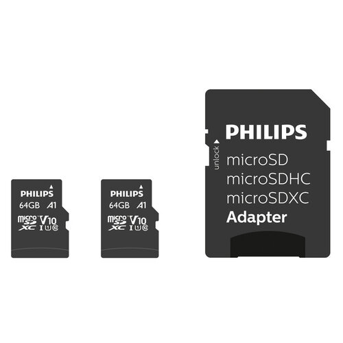 Philips Carte mémoire Philips Micro SDXC Classe 10 UHS-I U1 64Go 2 pièces