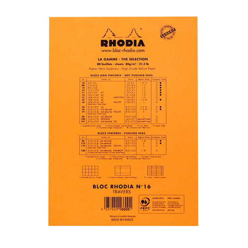 Rhodia Bloc Rhodia A5 ligné + marge 80 feuilles 80g orange