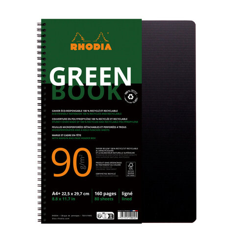 Rhodia Cahier de notes Rhodia Greenbook A4 ligné 4 perforations 180 pages 90g noir