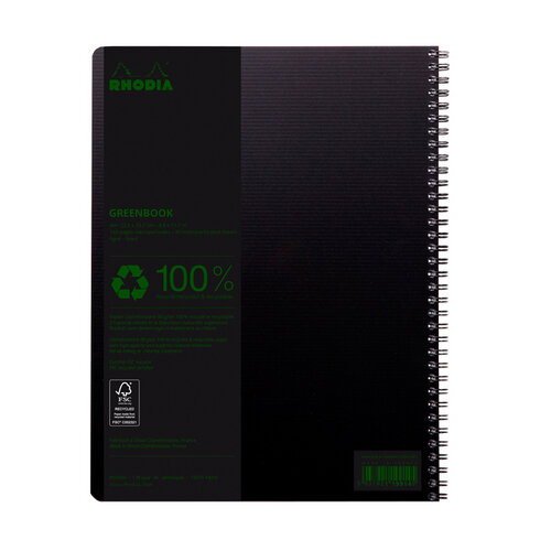 Rhodia Cahier de notes Rhodia Greenbook A4 ligné 4 perforations 180 pages 90g noir