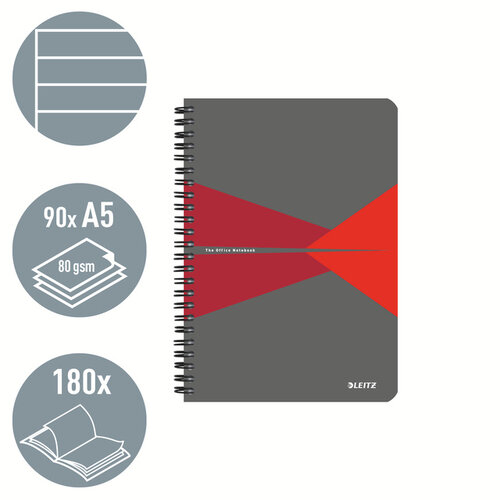 Leitz Cahier Leitz Office A5 ligné 180 pages 80g gris rouge
