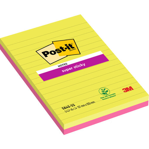 Post-it Memoblok 3M Post-it 5845 Super Sticky 127x203mm lijn assorti kleur 90 vel