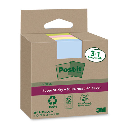 Post-it Bloc-mémos 3M Post-it 654 RSSCOL 76x76mm assorti 3+ 1 gratuit