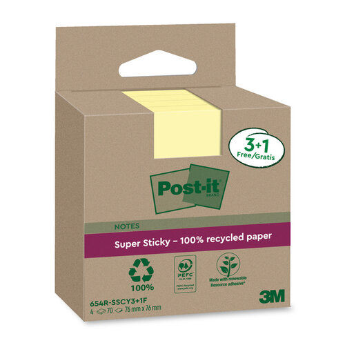 Post-it Memoblok 3M Post-it 654 RSSCOL 76x76mm geel 3+1 gratis