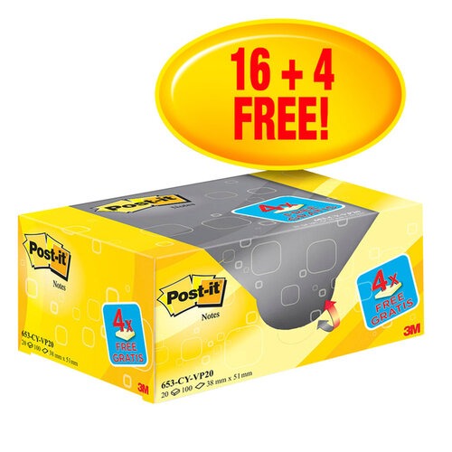 Post-it Bloc mémos 3M Post-it 38x51mm jaune 16+ 4 gratuits