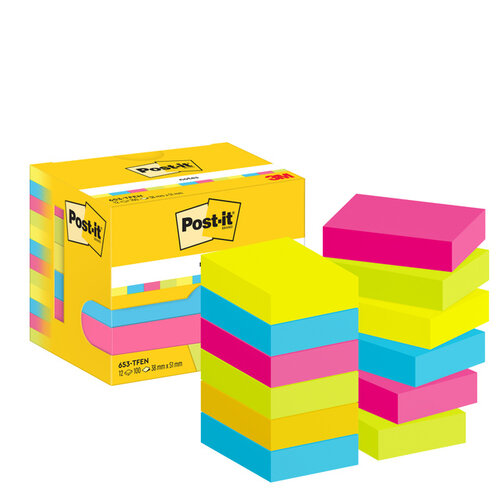 Post-it Bloc mémos 3M Post-it 653-TFEN 38x51mm couleur assorti 12 pièces