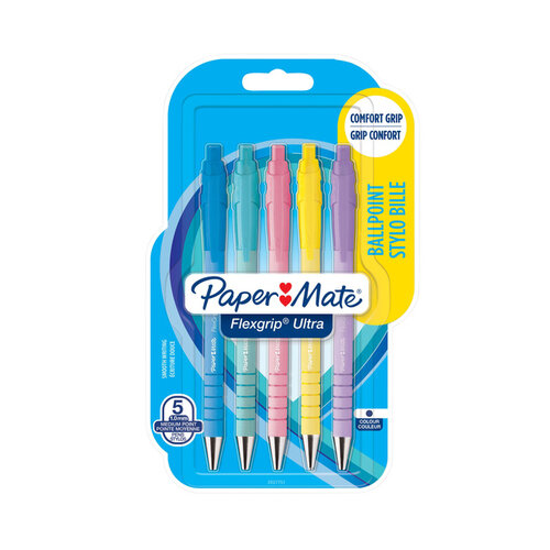 Paper Mate Stylo bille Paper Mate Flexgrip rétractable pastel Medium écriture bleue blister 5 pièces