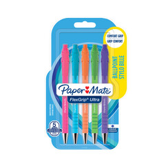 Balpen Paper Mate Flexgrip drukknop Bright fun medium schrijfkleur blauw blister à 5 stuks