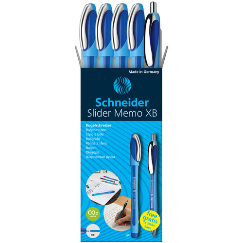 Schneider Stylo bille Schneider Slider Memo XB bleu set 4 pièces + 1 slider gratuit