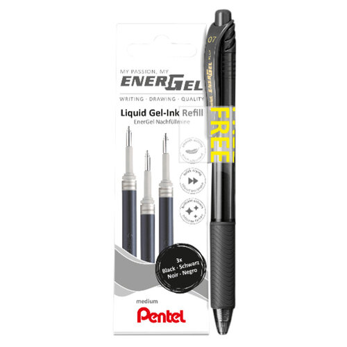Pentel Gelschrijvervulling Pentel LR7 Energel met gratis gelpen medium zwart blister à 3 stuks