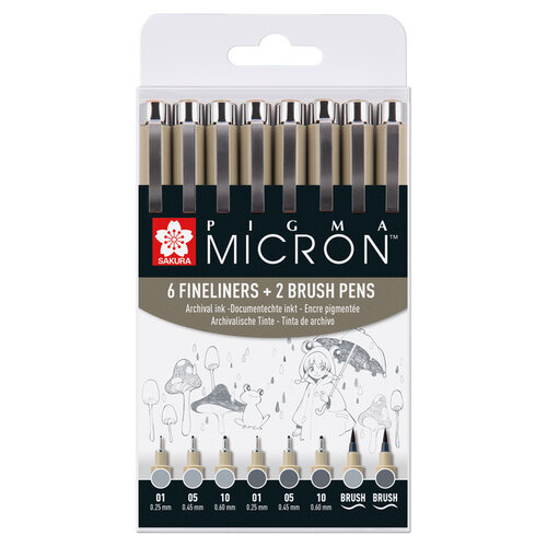 Sakura Fineliner et feutre pinceau Sakura Pigma Micron gris froid set 8 pièces assorti