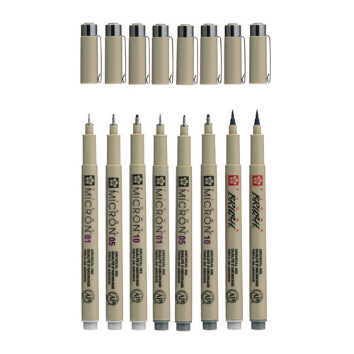 Sakura Fineliner en brushpen Sakura Pigma Micron koudgrijs set à 8 stuks assorti