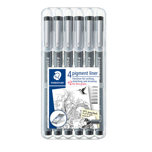 Staedtler Fineliner Staedtler Pigment 308 zwart set 4+2 gratis