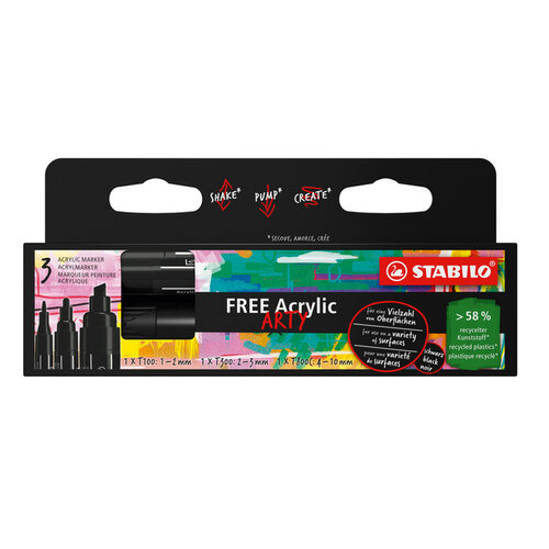Stabilo Acrylmarker STABILO  Free Acrylic Mixed Tip set à 3 breedtes zwart