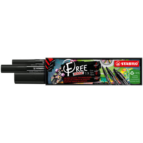 Stabilo Acrylmarker STABILO  Free Acrylic Mixed Tip set à 3 breedtes zwart