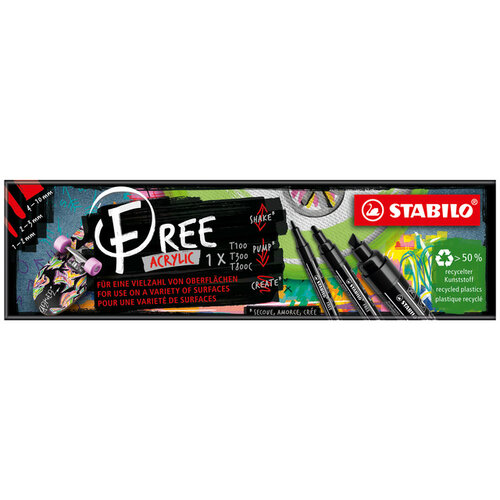 Stabilo Acrylmarker STABILO  Free Acrylic Mixed Tip set à 3 breedtes zwart