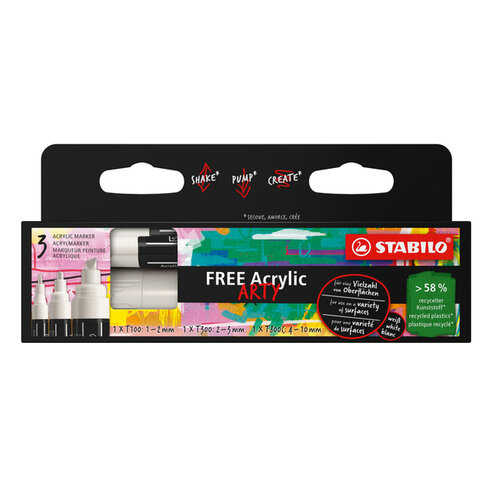 Stabilo Acrylmarker STABILO  Free Acrylic Mixed Tip set à 3 breedtes wit