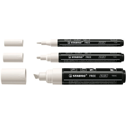 Stabilo Acrylmarker STABILO  Free Acrylic Mixed Tip set à 3 breedtes wit