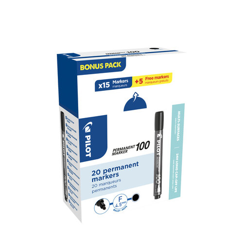 Pilot Marqueur PILOT 100 ogive Fin noir boîte 15 + 5 gratuits