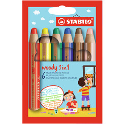 Kleurpotloden STABILO 880 woody 3 in 1 assorti etui à 6 stuks